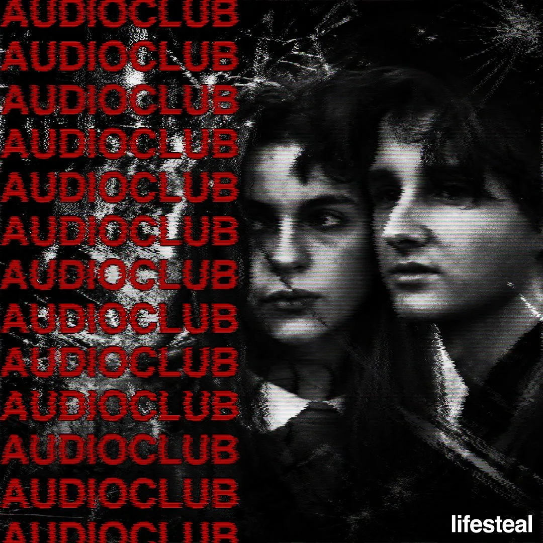 AUDIOCLUB cover with red repeated type and monochrome figures